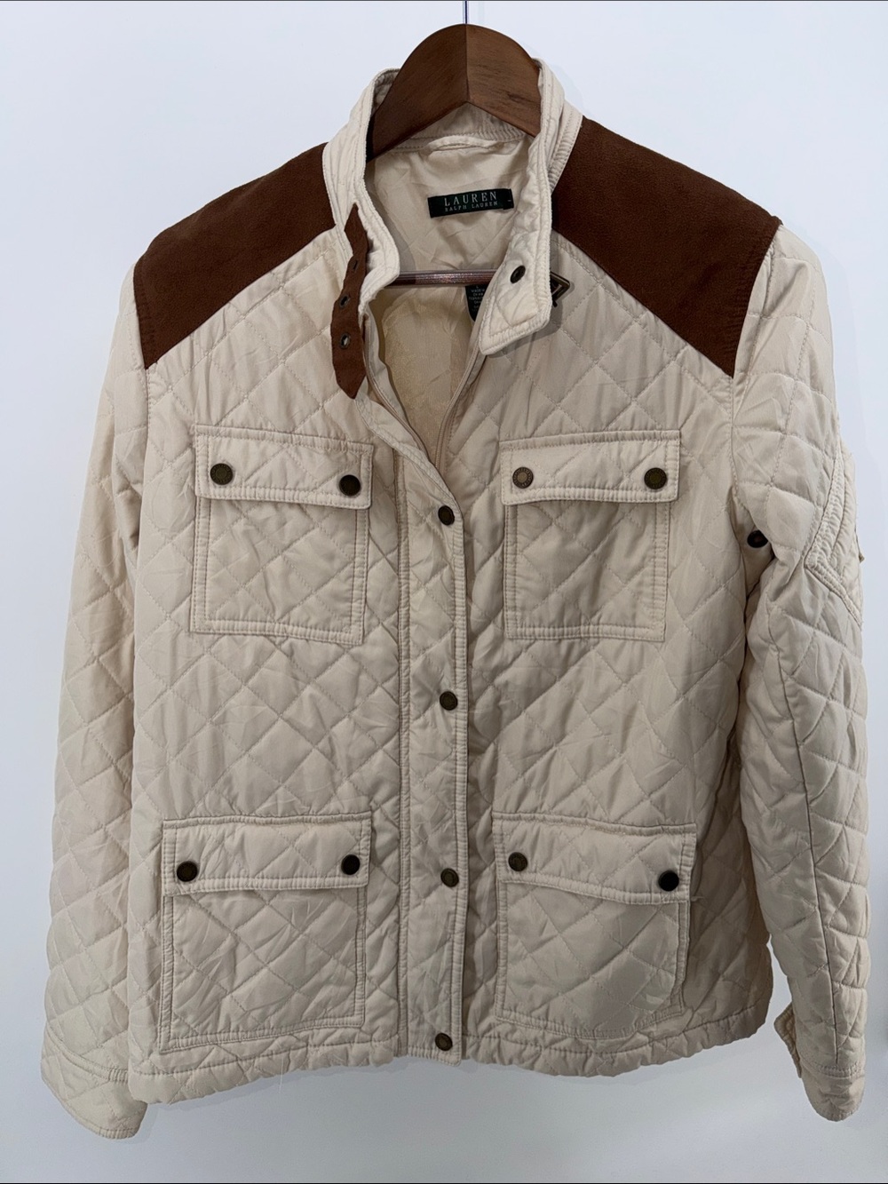 Lauren Ralph Lauren Cream Quilted Utility Jacket with Brown Shoulder Panels